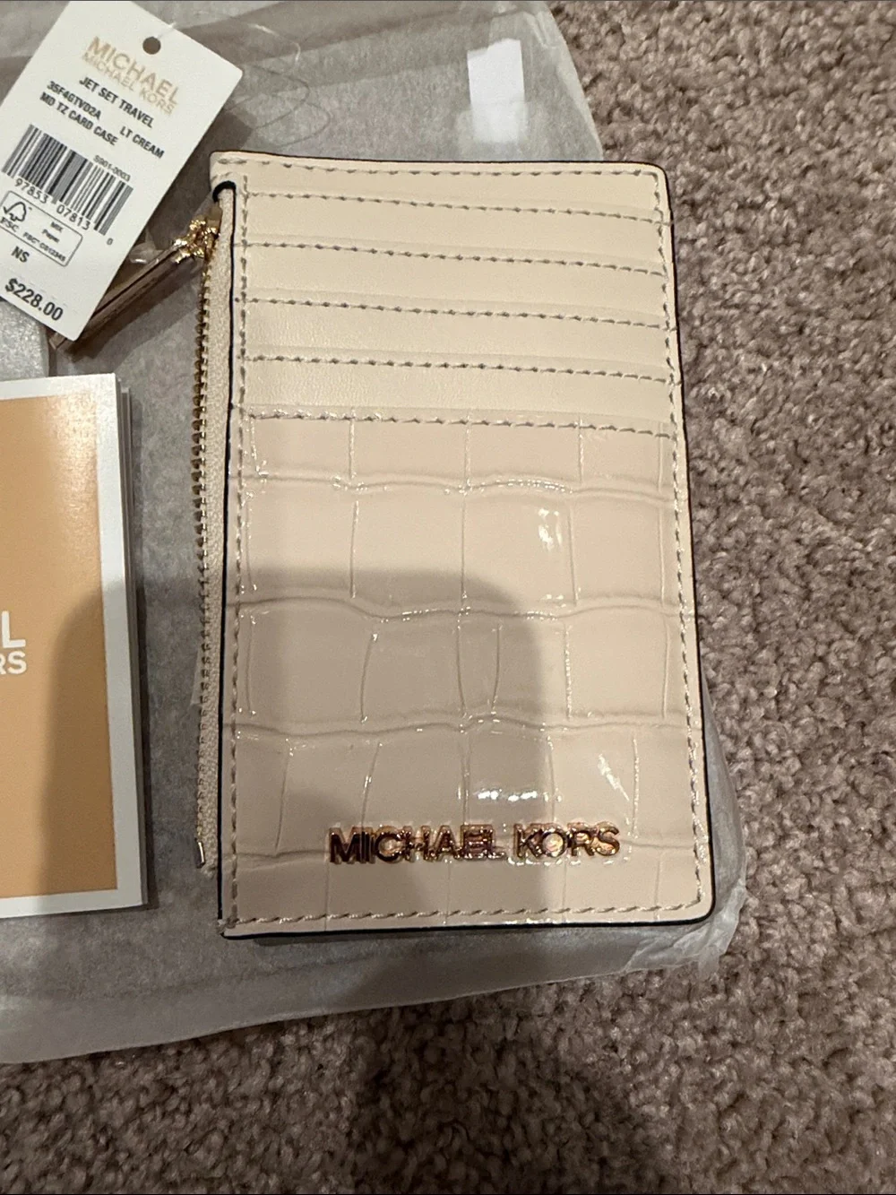 Michael Kors Cream Croc-Embossed Card Wallet with Gold Logo